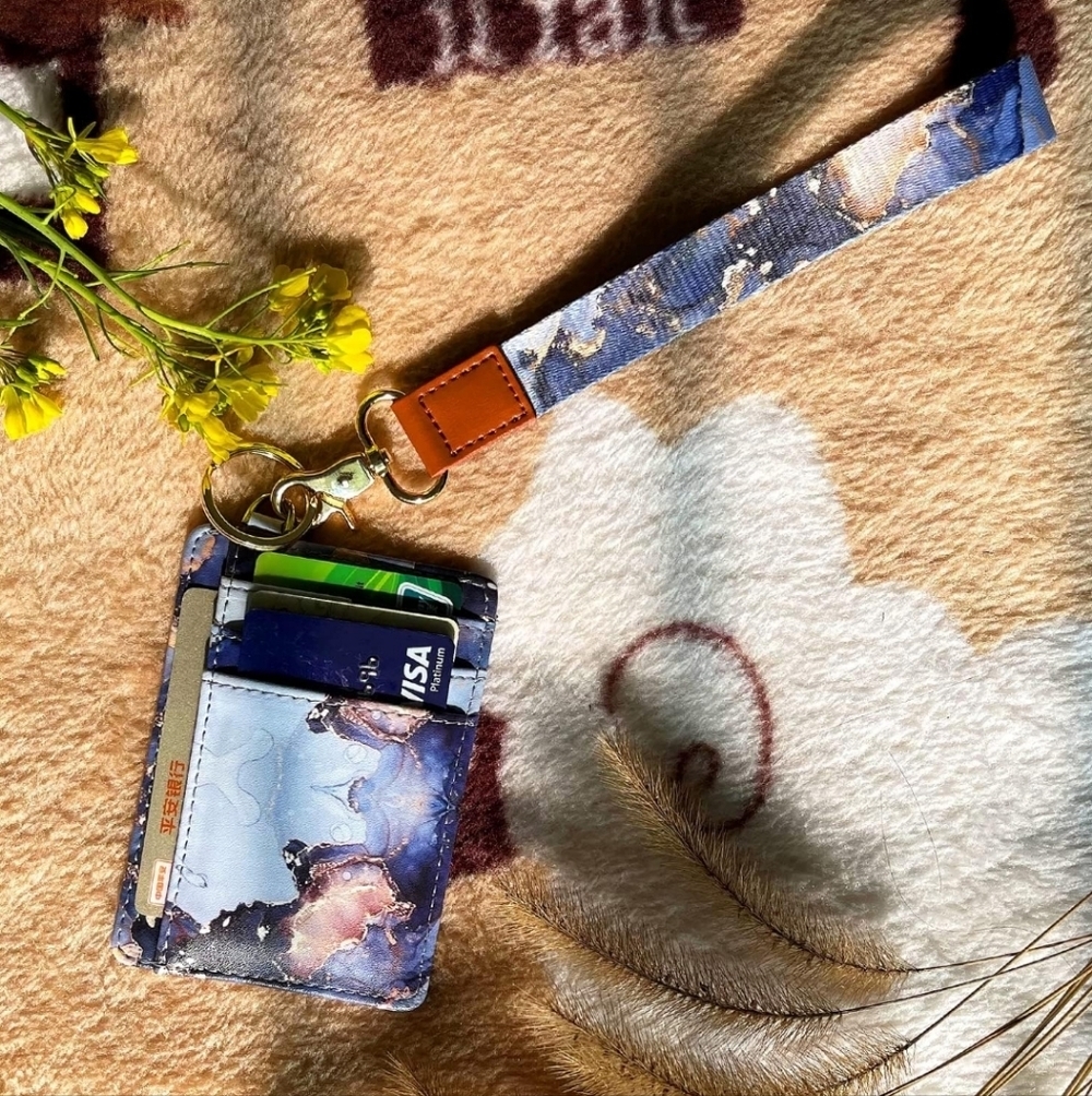 Blue and Tan Card Holder with Wrist Strap